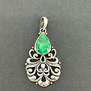 Vintage 925 Sterling Silver Malachite Teardrop Stone Filigree Pendant Thailand